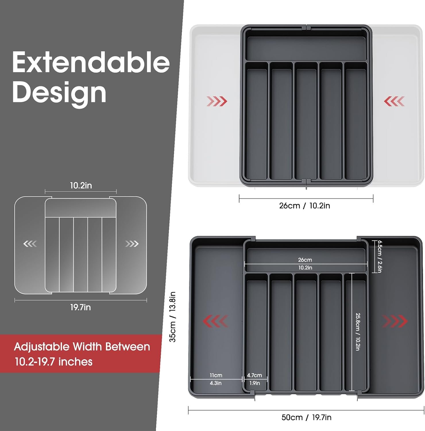 Expandable Kitchen Drawer Storage Organiser, Adjustable Cutlery Tray, Multipurpose Utensil Organisation for Forks, Knives, Black, 34 x 4 x 26~50 cm - Image 5