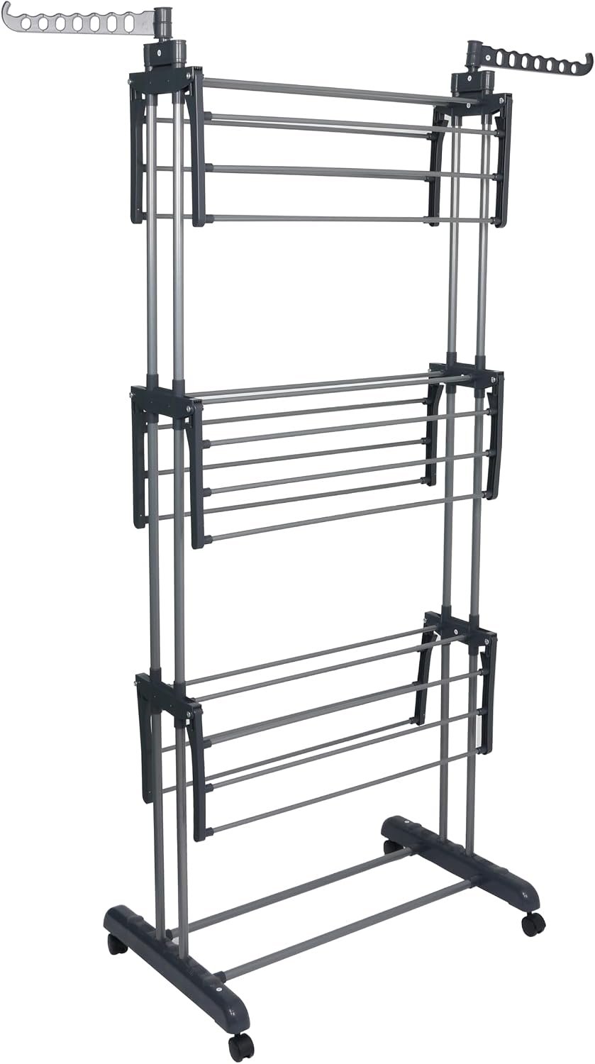 Airer Clothes Drying Rack,4-Tier Grey Foldable Clothes Hanger Adjustable Large Stainless Steel Garment Laundry Racks for Indoor Outdoor with Foldable Wings - Image 4