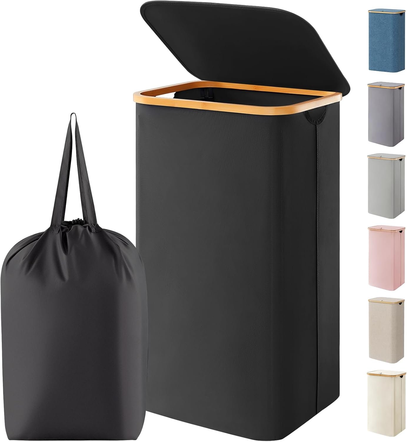 100L Laundry Basket with Lid, Dirty Clothes Bin with Bamboo Handles and A Removable Bag, Large Foldable Washing Basket for Bedroom, Bathroom, Dorm, Laundry Room, Black