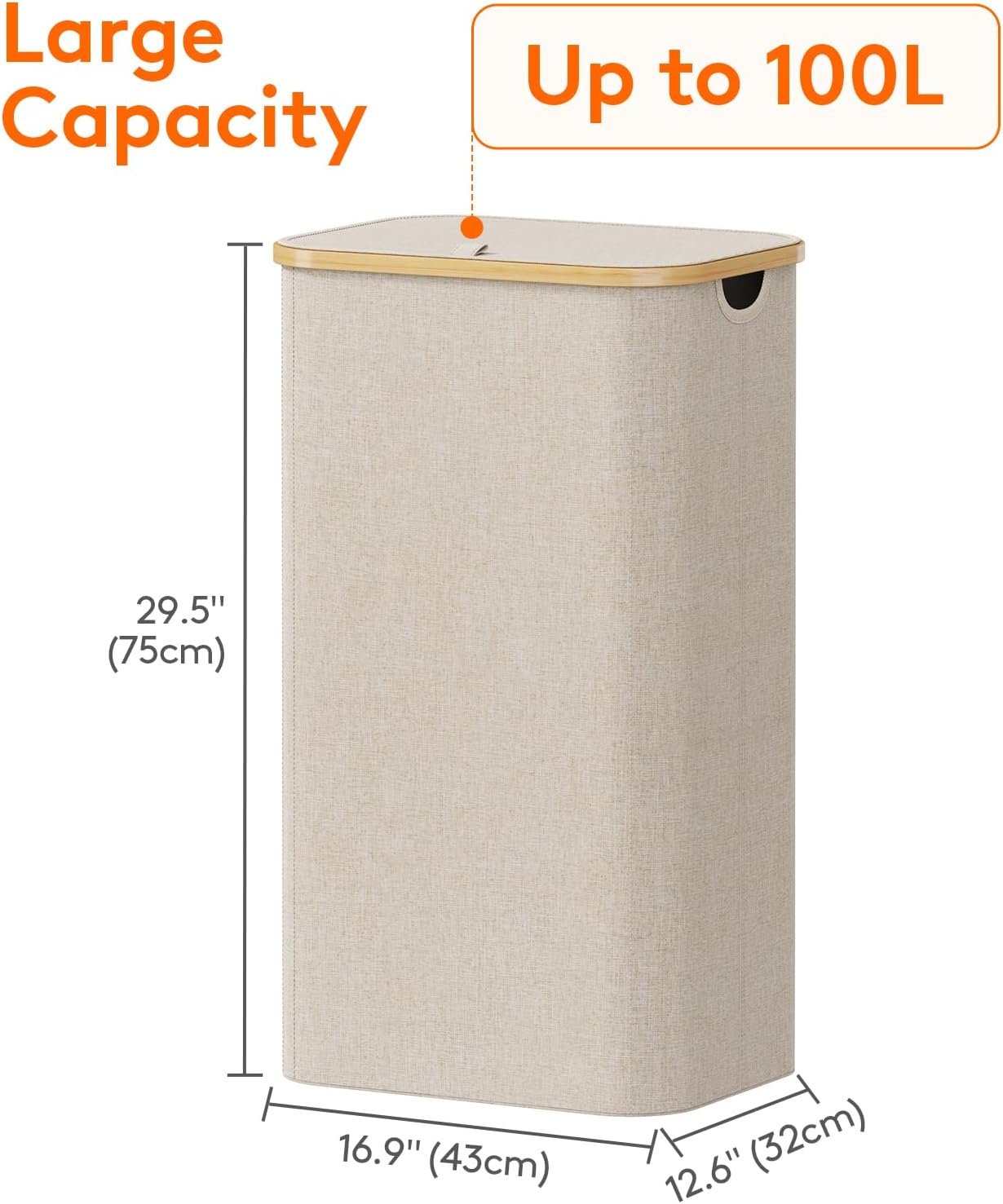 100L Laundry Basket with Lid, Dirty Clothes Bin with Bamboo Handles and A Removable Bag, Large Foldable Washing Basket for Bedroom, Bathroom, Dorm, Laundry Room, Beige - Image 4