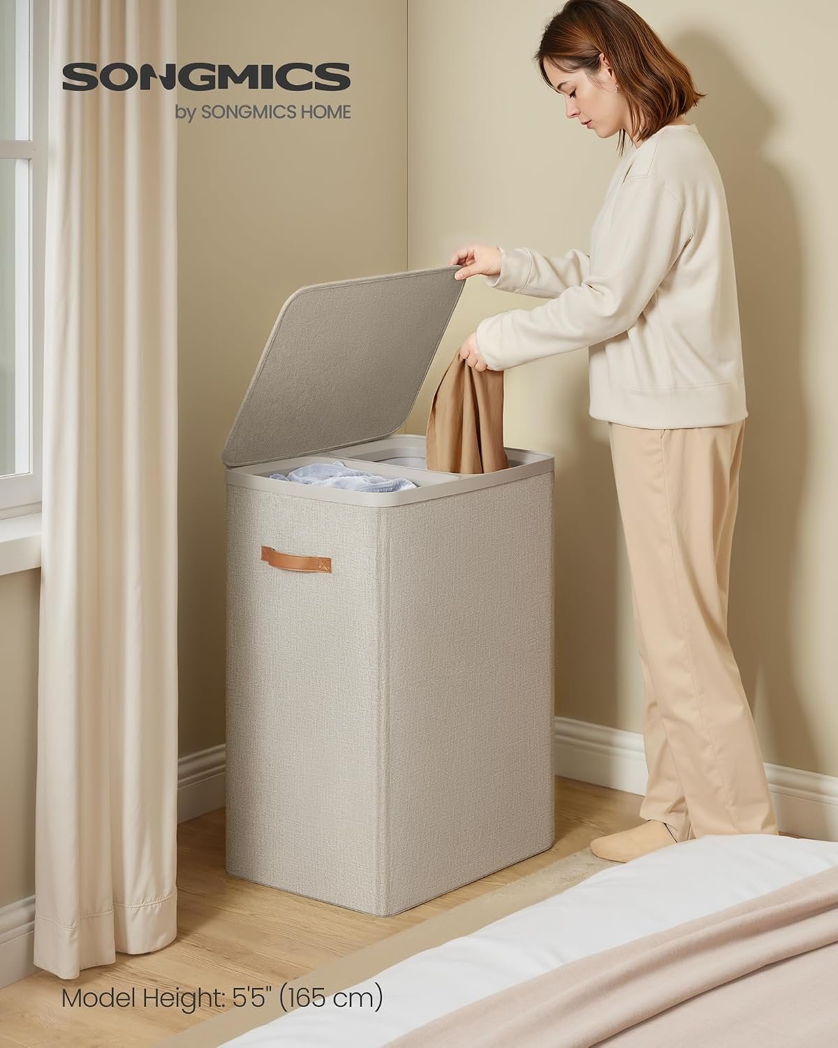 Laundry Basket, 170 L Dual Compartment Laundry Hamper, with Lid and Handles, Removable Liners, Easy Assembly, 56 x 40 x 75 cm, Cappuccino Beige LCB813L01 - Image 2