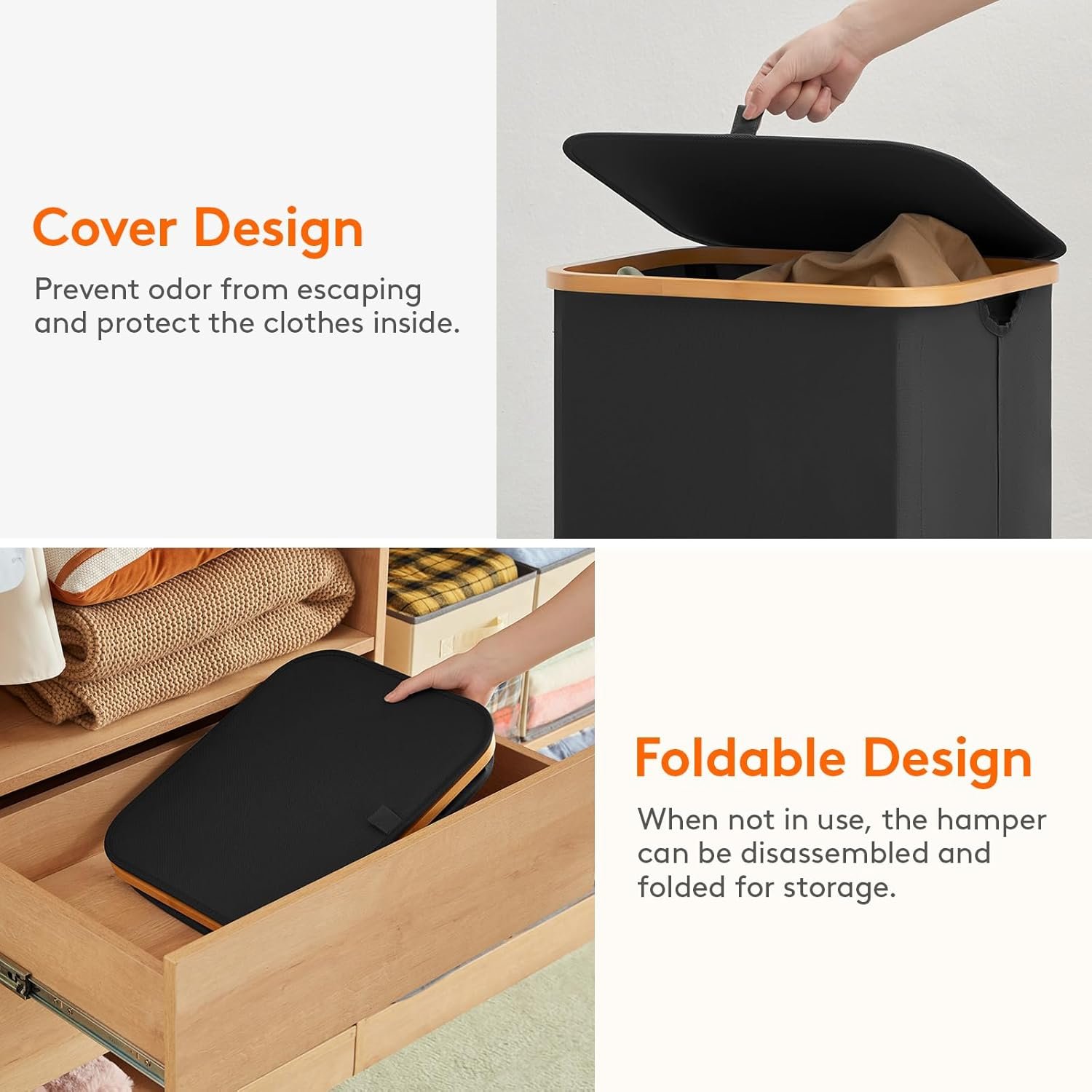 100L Laundry Basket with Lid, Dirty Clothes Bin with Bamboo Handles and A Removable Bag, Large Foldable Washing Basket for Bedroom, Bathroom, Dorm, Laundry Room, Black - Image 8
