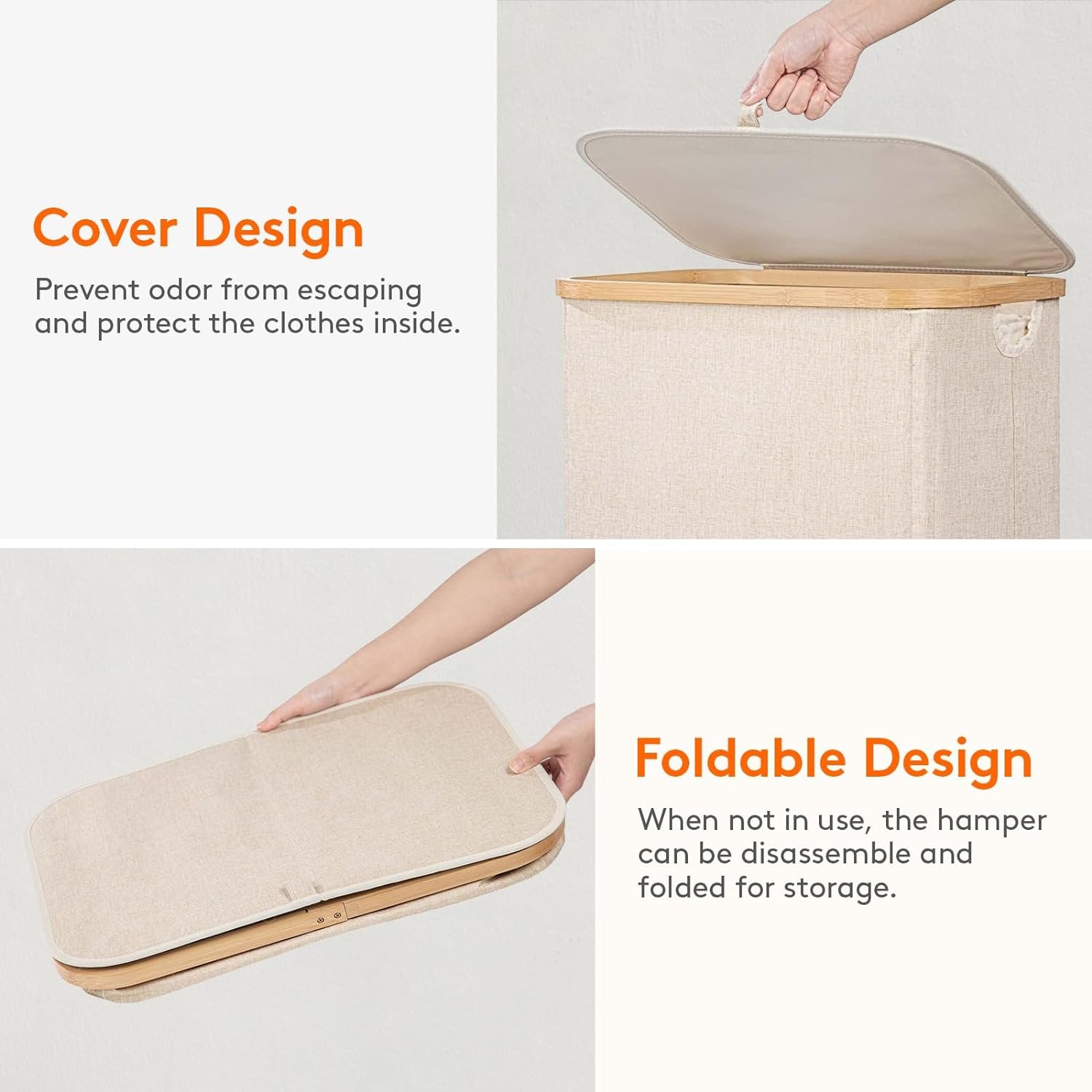 100L Laundry Basket with Lid, Dirty Clothes Bin with Bamboo Handles and A Removable Bag, Large Foldable Washing Basket for Bedroom, Bathroom, Dorm, Laundry Room, Beige - Image 7
