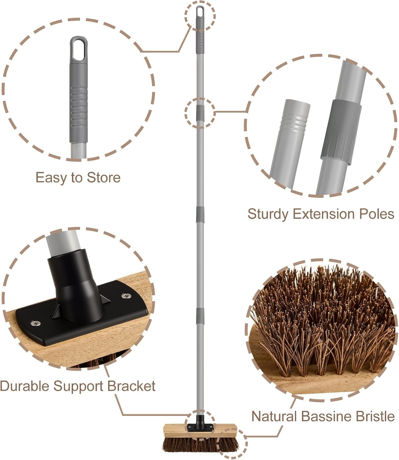 10IN Outdoor Garden Broom Heavy Duty with Long Handle(55IN), Yard Sweeping Brush with Natural Bassine Hard Bristle & Metal Poles, Stiff Broom for Decking, Driveway, Garage, Garden, Yard - Image 3