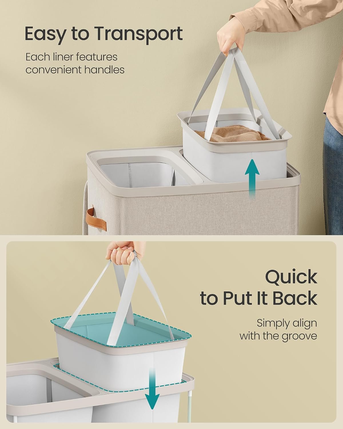 Laundry Basket, 170 L Dual Compartment Laundry Hamper, with Lid and Handles, Removable Liners, Easy Assembly, 56 x 40 x 75 cm, Cappuccino Beige LCB813L01 - Image 5