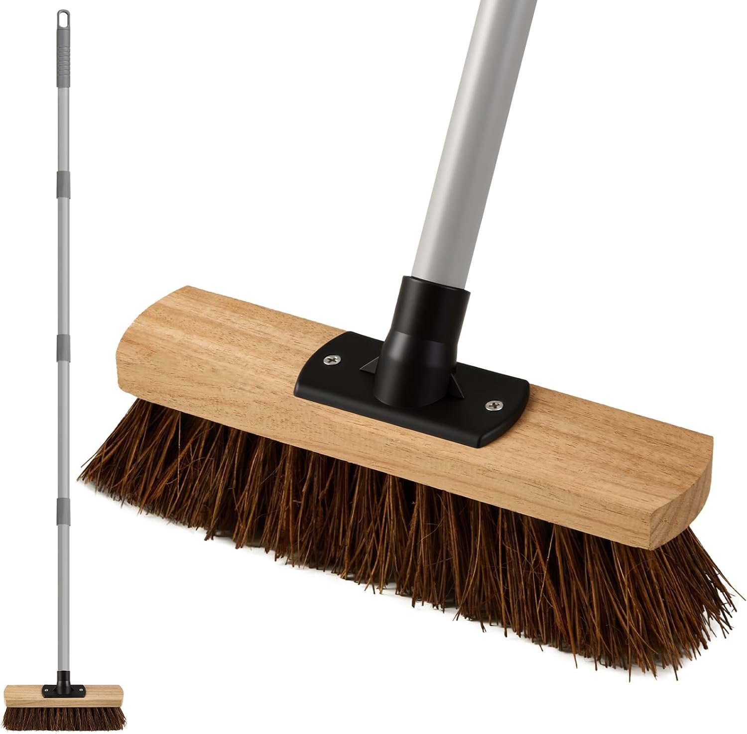 10IN Outdoor Garden Broom Heavy Duty with Long Handle(55IN), Yard Sweeping Brush with Natural Bassine Hard Bristle & Metal Poles, Stiff Broom for Decking, Driveway, Garage, Garden, Yard