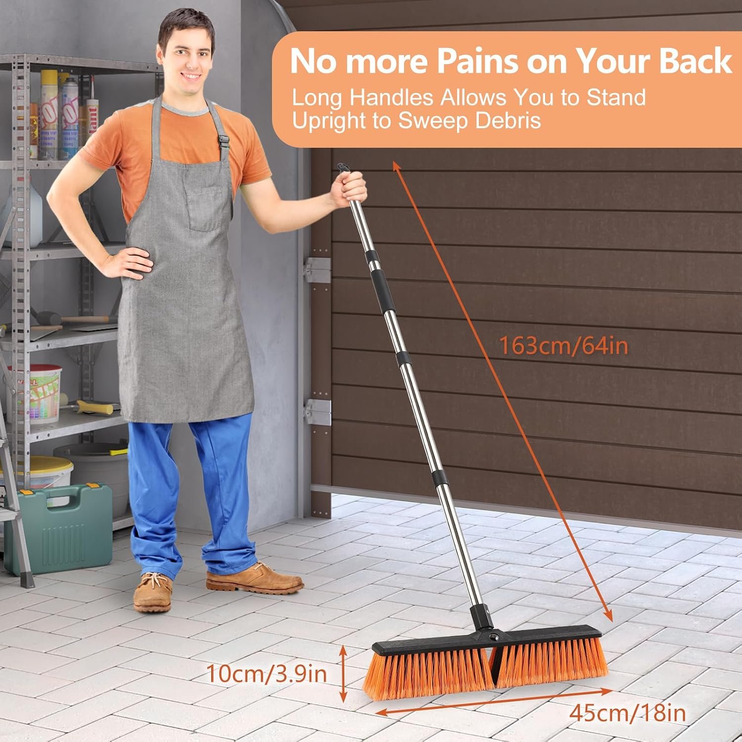 18IN Garden Broom Outdoor Heavy Duty with Long Handle(64IN), Hard Yard Sweeping Brush with Stiff Bristle, Patio Large Brooms Outside, Industrial Wide Brushes Set, Strong Deck Cleaning Tool - Image 4