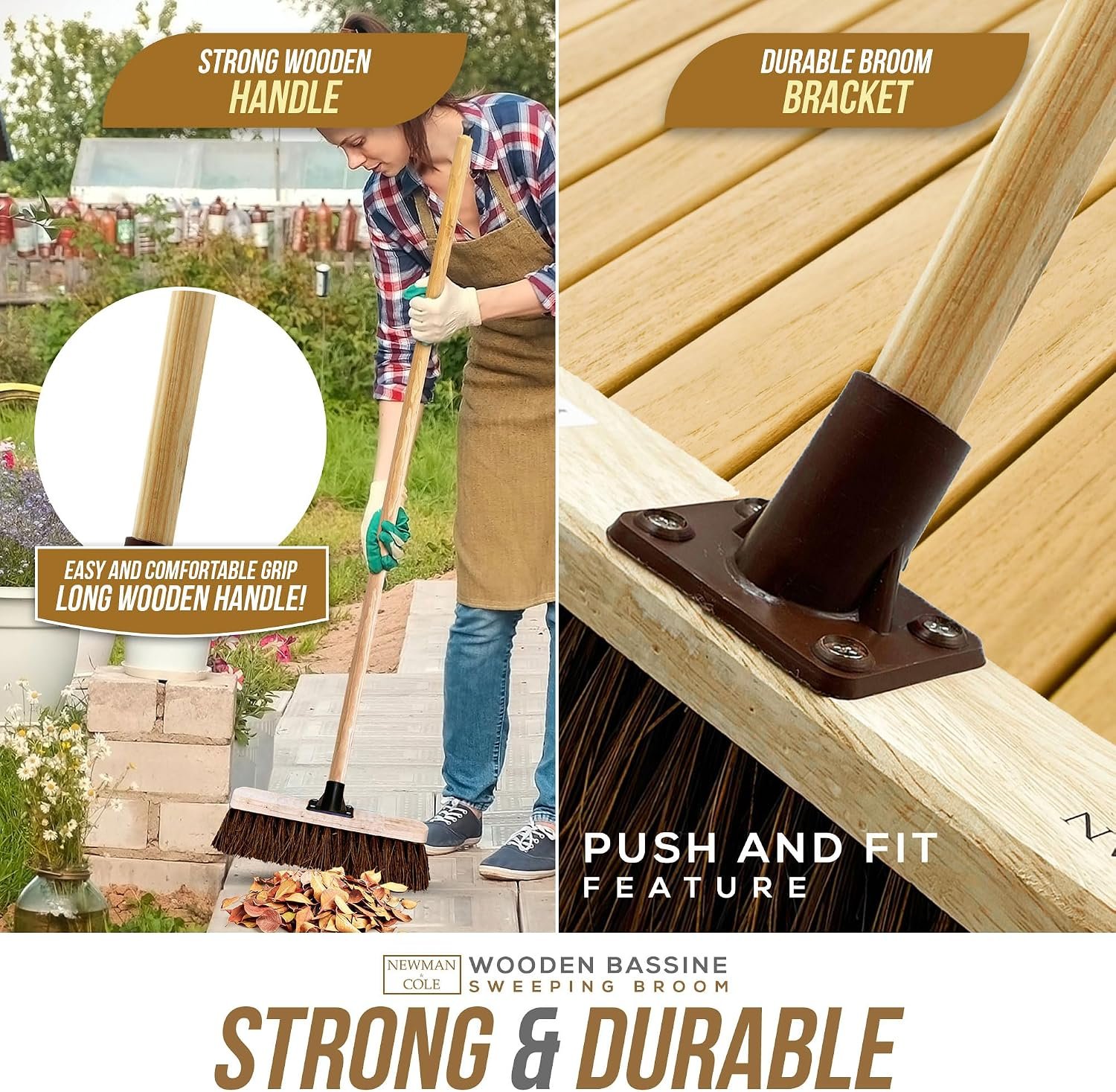 12” Outdoor Garden Broom with Wooden Handle Natural Stiff Bassine Hard Bristle with Durable Support Bracket Yard Brush Heavy Duty Broom Outdoor Cleaning Sweeping (PACK OF 1) - Image 5