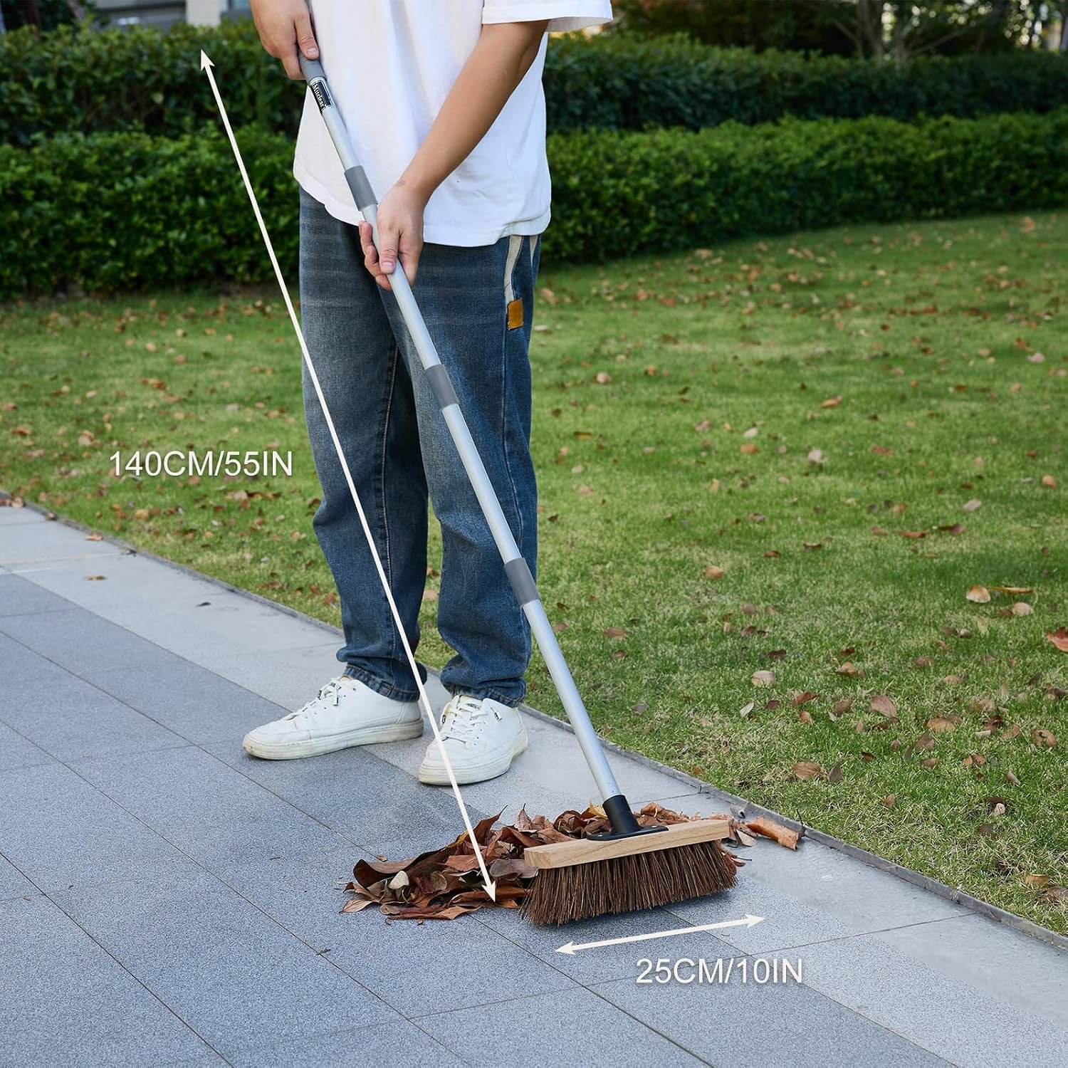 10IN Outdoor Garden Broom Heavy Duty with Long Handle(55IN), Yard Sweeping Brush with Natural Bassine Hard Bristle & Metal Poles, Stiff Broom for Decking, Driveway, Garage, Garden, Yard - Image 4