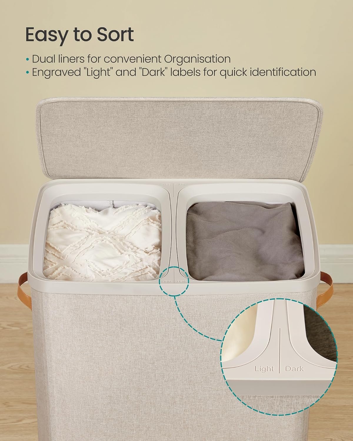 Laundry Basket, 170 L Dual Compartment Laundry Hamper, with Lid and Handles, Removable Liners, Easy Assembly, 56 x 40 x 75 cm, Cappuccino Beige LCB813L01 - Image 3