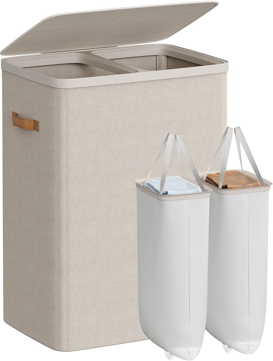 Laundry Basket, 170 L Dual Compartment Laundry Hamper, with Lid and Handles, Removable Liners, Easy Assembly, 56 x 40 x 75 cm, Cappuccino Beige LCB813L01