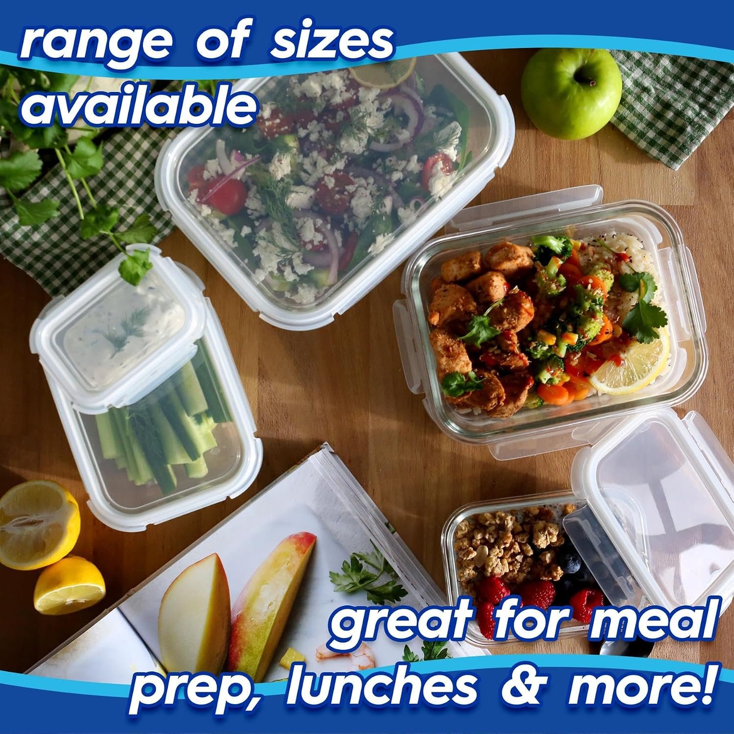 Housewares Glass Containers with Airtight Lids - 10 Pack - 2 Sizes (1040ml | 370ml) Lunch Box Tubs BPA-Free Meal Prep Containers Reusable Leak Proof Food Storage Tubs, Oven Safe, Freezer Safe - Image 6