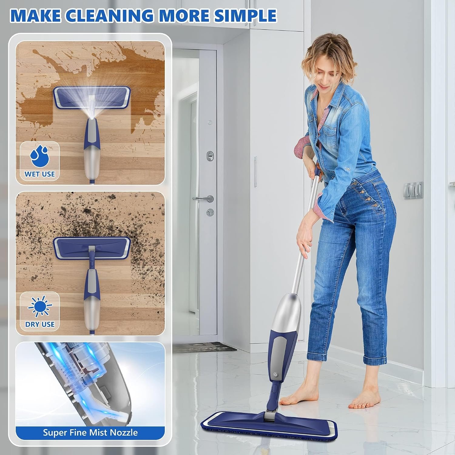 Cleaning Floors -Microfibre Floor Mop with Sprayer Flat Wet Dry Dust Mop with 4 Washable Pads Reusable 550ML Bottle for Hard Wood Laminate Wooden Tile Vinyl Kitchen Bathroom - Image 3