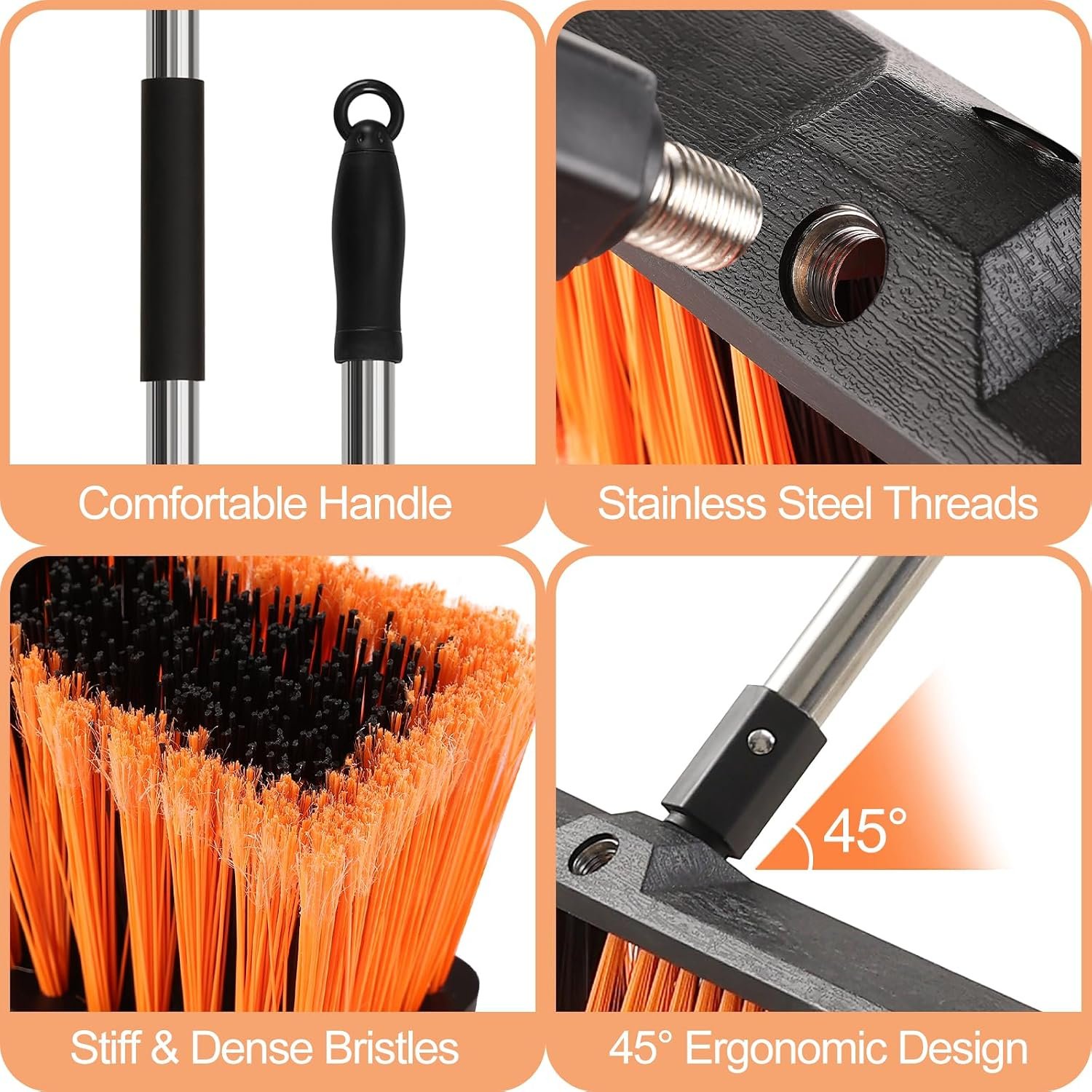 18IN Garden Broom Outdoor Heavy Duty with Long Handle(64IN), Hard Yard Sweeping Brush with Stiff Bristle, Patio Large Brooms Outside, Industrial Wide Brushes Set, Strong Deck Cleaning Tool - Image 3