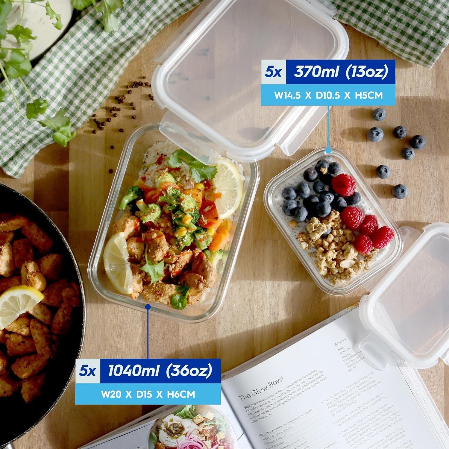 Housewares Glass Containers with Airtight Lids - 10 Pack - 2 Sizes (1040ml | 370ml) Lunch Box Tubs BPA-Free Meal Prep Containers Reusable Leak Proof Food Storage Tubs, Oven Safe, Freezer Safe - Image 2
