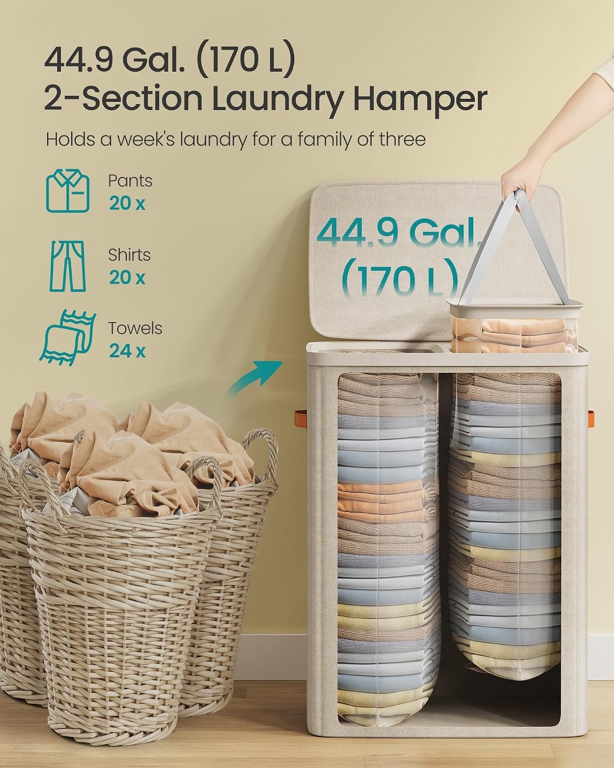 Laundry Basket, 170 L Dual Compartment Laundry Hamper, with Lid and Handles, Removable Liners, Easy Assembly, 56 x 40 x 75 cm, Cappuccino Beige LCB813L01 - Image 4