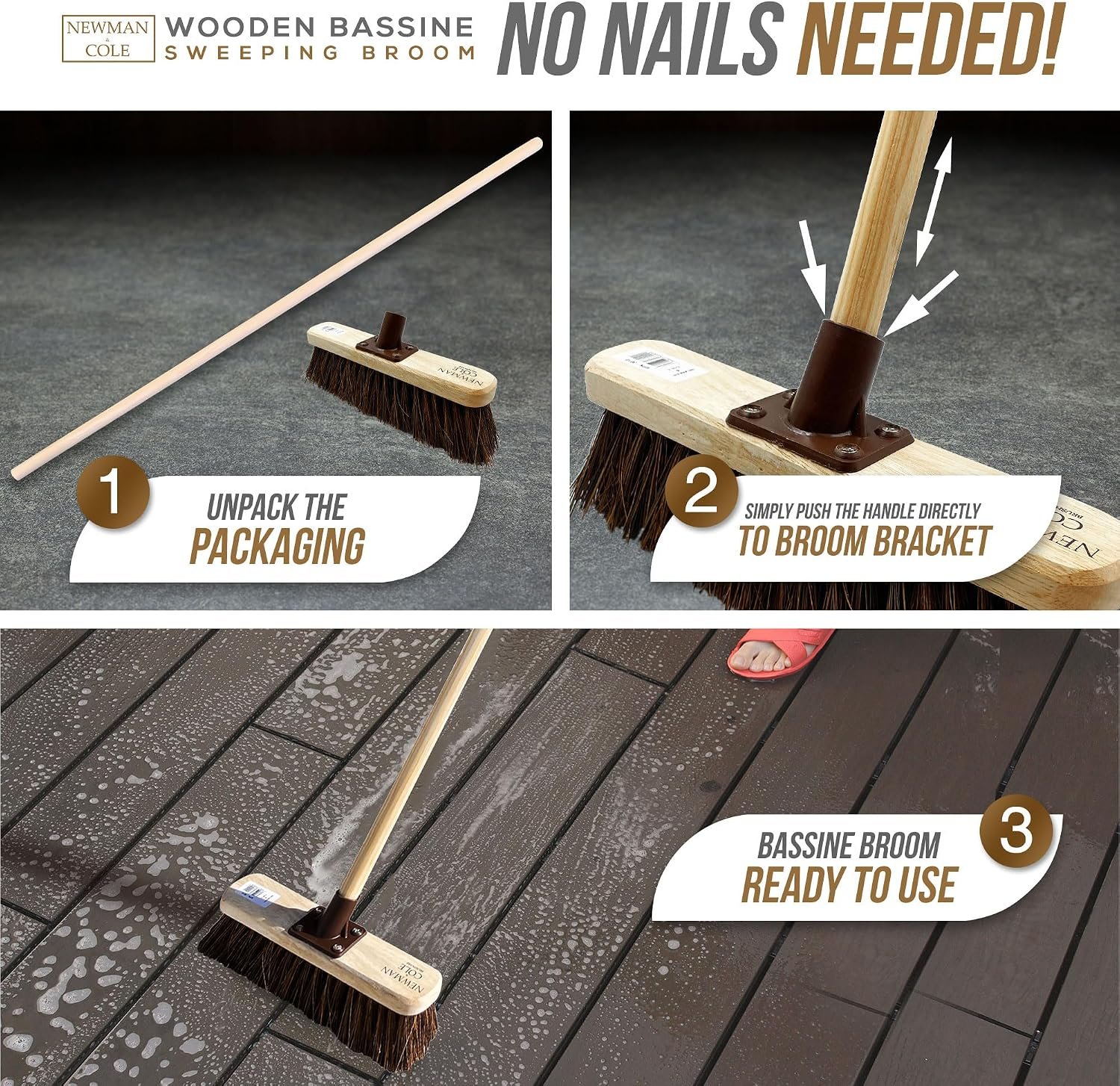 12” Outdoor Garden Broom with Wooden Handle Natural Stiff Bassine Hard Bristle with Durable Support Bracket Yard Brush Heavy Duty Broom Outdoor Cleaning Sweeping (PACK OF 1) - Image 3
