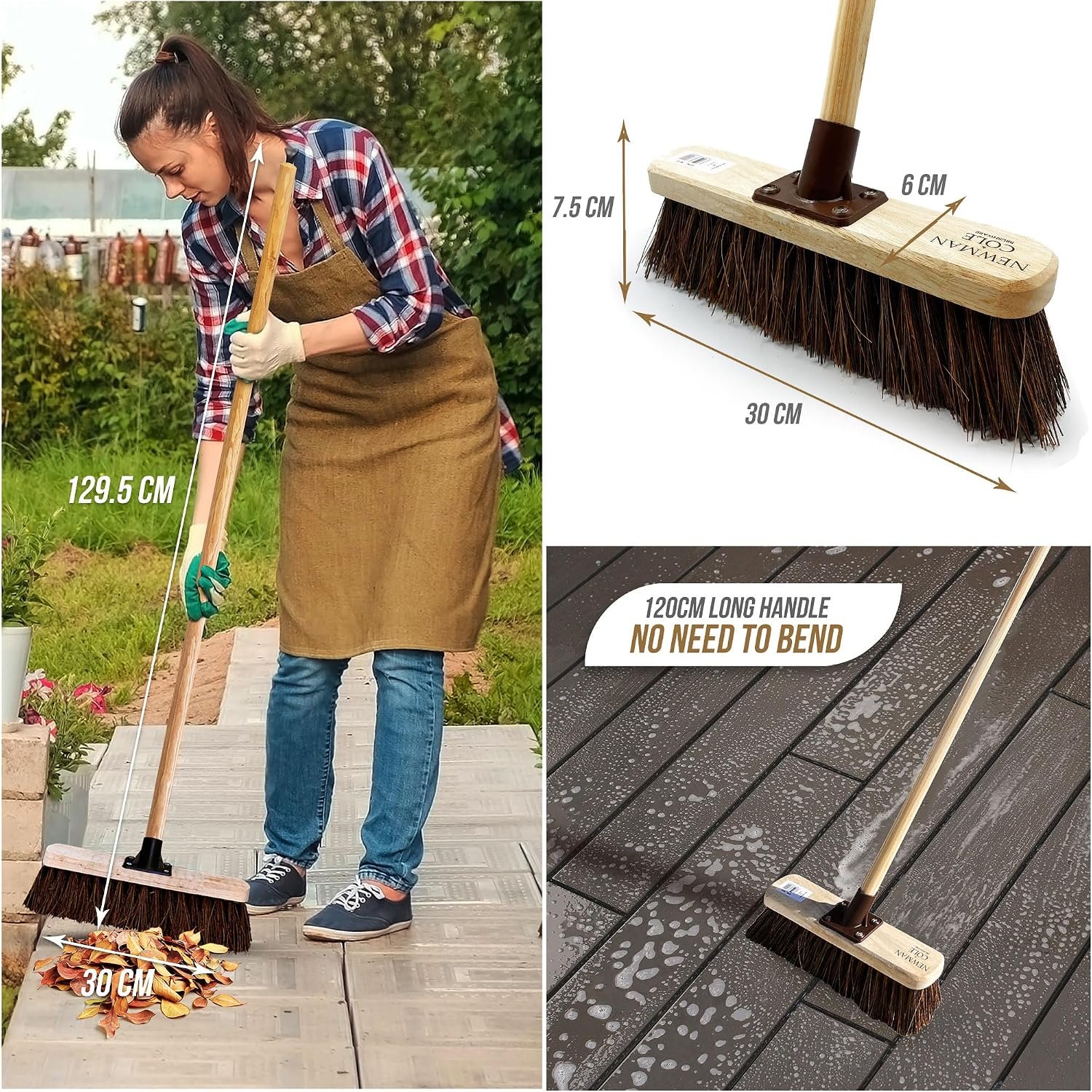 12” Outdoor Garden Broom with Wooden Handle Natural Stiff Bassine Hard Bristle with Durable Support Bracket Yard Brush Heavy Duty Broom Outdoor Cleaning Sweeping (PACK OF 1) - Image 2