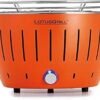 Compact the low-smoke charcoal/table grill Power supply via USB port or power bank. Suitable for campers, hikers and on the boat (tangerine orange)