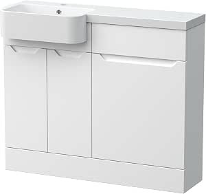 Contemporary Floor Standing Compact 2 Door Combination Vanity Basin WC Unit with Polymarble Basin, 1000mm, Left Hand, Matt White