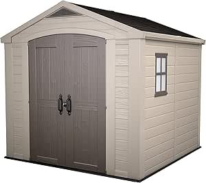 Outdoor Plastic Garden Storage Shed, elegant wood-effect exterior with double doors and ventilation grills, heavy-duty floor with window and skylight, 255 x 256.5...