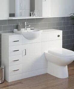 Toilet Vanity Unit Reversible Combination Bathroom Suite Furniture Set, Freestanding Drawer Cabinet, Wash Basin Sink, WC Pan, Seat & Concealed Cistern, White Gloss